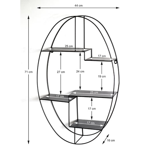 Elwoka Oval 3 Shelves Metal Wall Shelf In Black