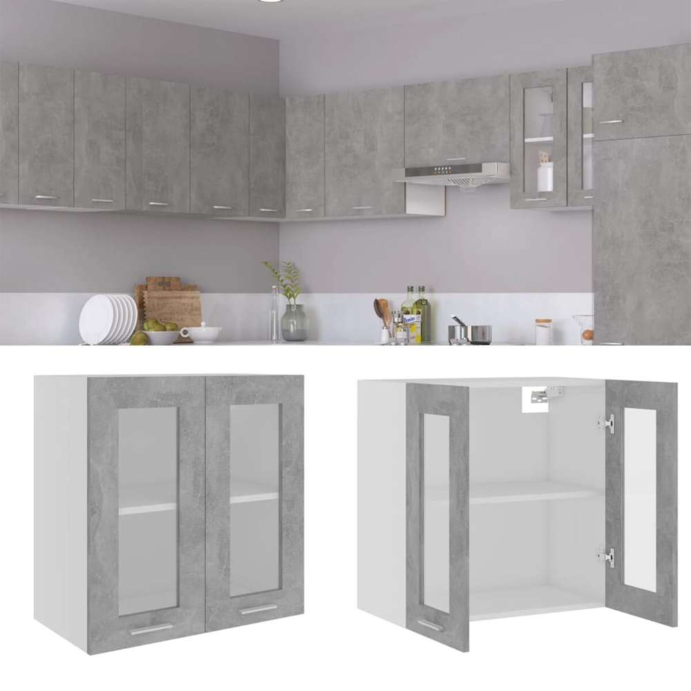 Elwood 60cm Wall Hung Wooden Storage Cabinet With 2 Glass Doors - Concrete Grey
