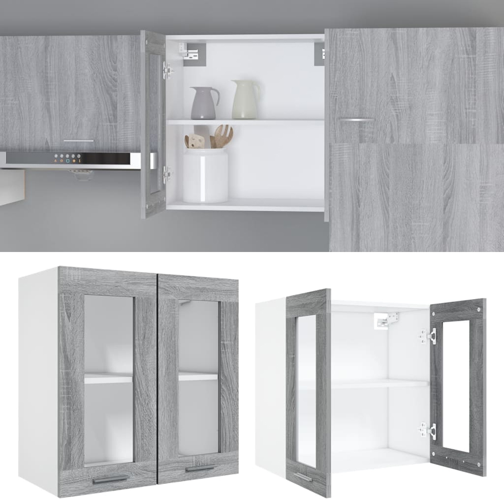 Elwood 60cm Wall Hung Wooden Storage Cabinet With 2 Glass Doors - Grey Sonoma/White