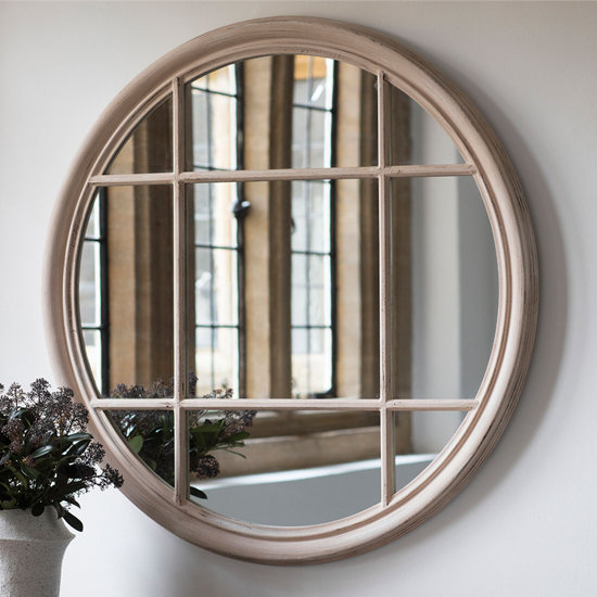 Photo of Elwood round portrait wall mirror in clay wooden frame