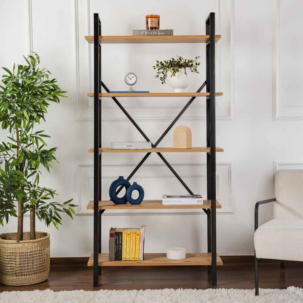Elyon Wooden Shelving Unit with 5 Shelves in Atlantic Pine and Black