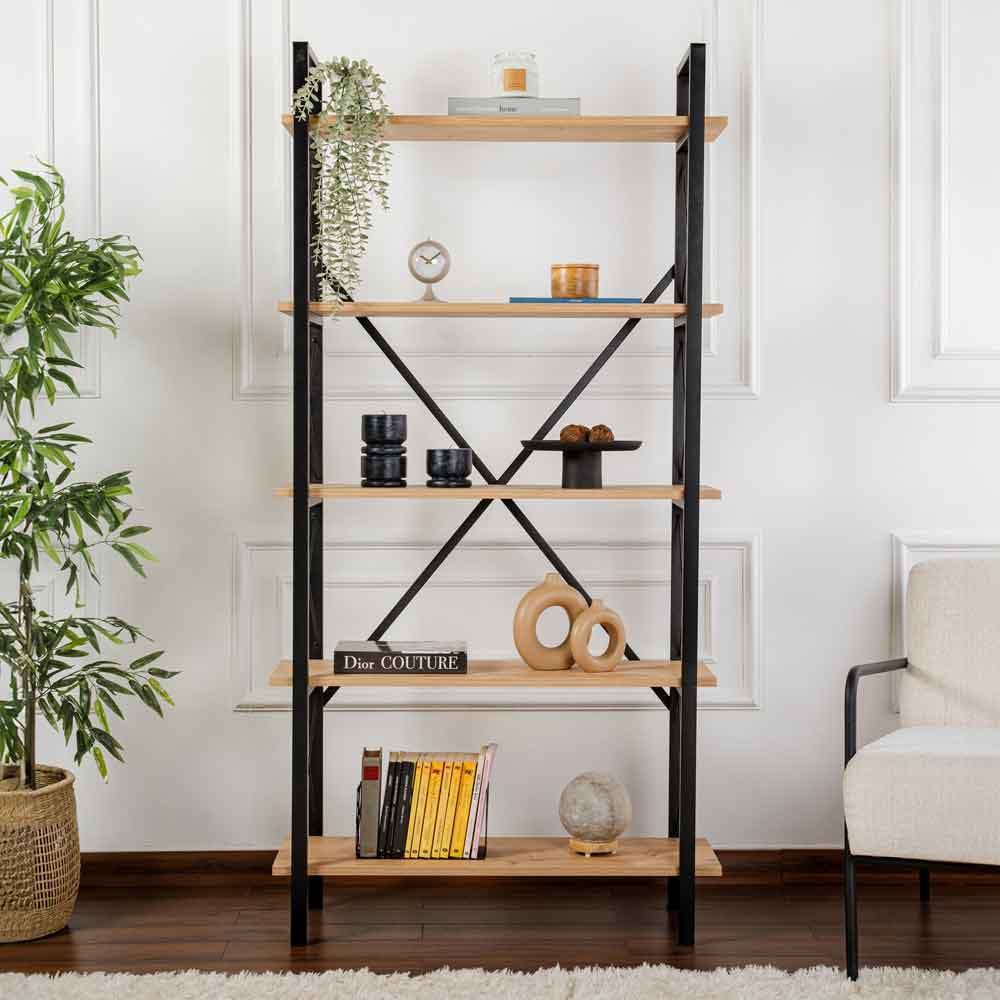 Elyon Wooden Shelving Unit with 5 Shelves in Oak and Black