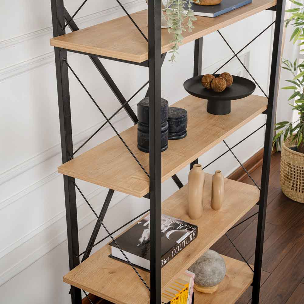 Elyon Wooden Shelving Unit with 5 Shelves in Oak and Black
