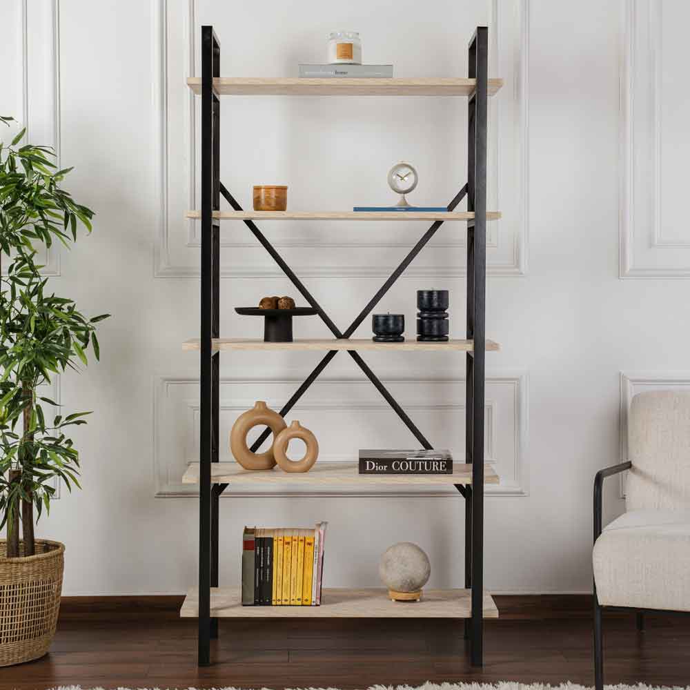 Elyon Wooden Shelving Unit with 5 Shelves in Travertine Marble Effect and Black