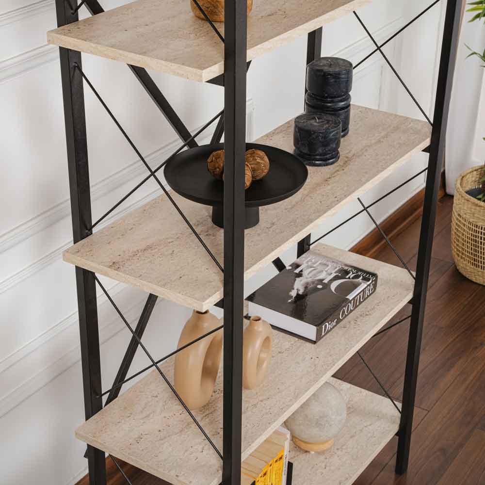 Elyon Wooden Shelving Unit with 5 Shelves in Travertine Marble Effect and Black