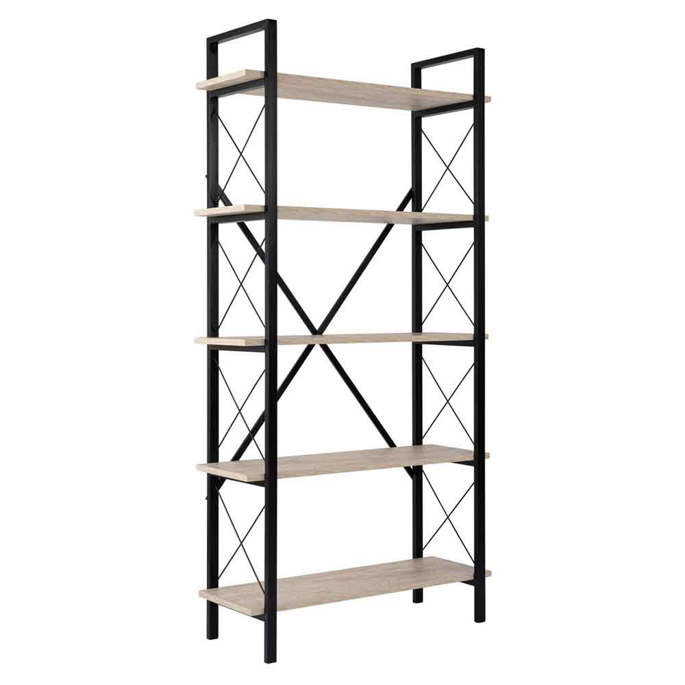 Elyon Wooden Shelving Unit with 5 Shelves in Travertine Marble Effect and Black
