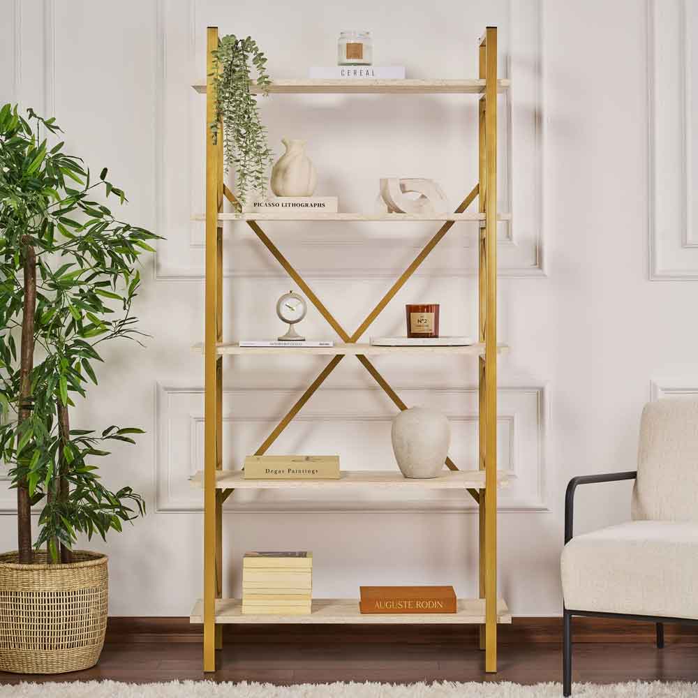 Elyon Wooden Shelving Unit with 5 Shelves in Travertine Marble Effect and Gold
