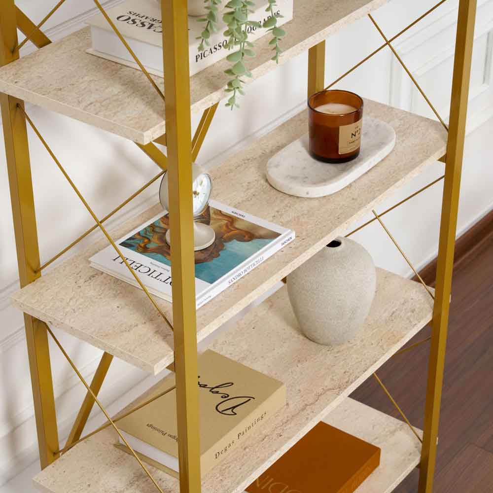 Elyon Wooden Shelving Unit with 5 Shelves in Travertine Marble Effect and Gold