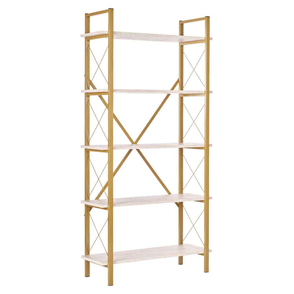 Elyon Wooden Shelving Unit with 5 Shelves in Travertine Marble Effect and Gold