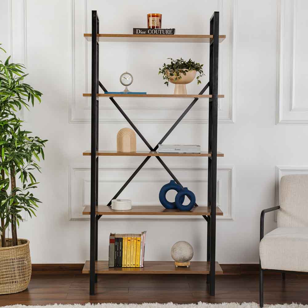 Elyon Wooden Shelving Unit with 5 Shelves in Walnut and Black