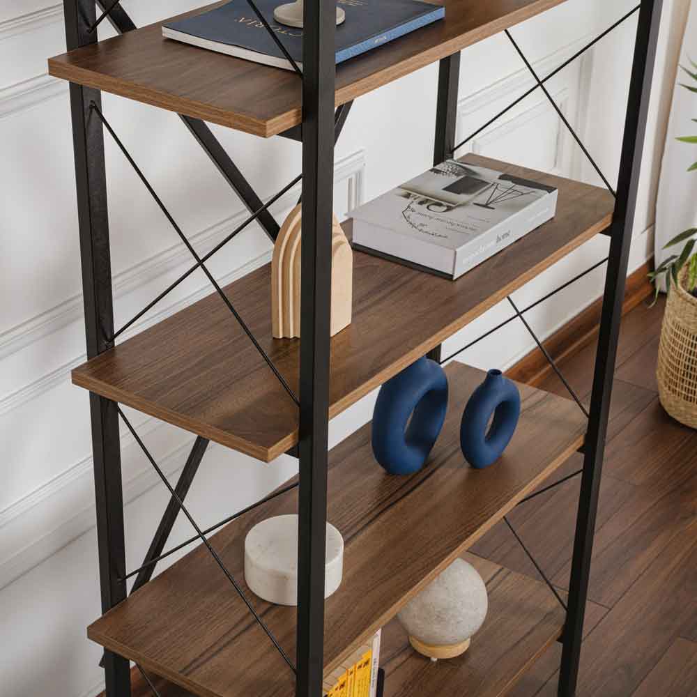 Elyon Wooden Shelving Unit with 5 Shelves in Walnut and Black
