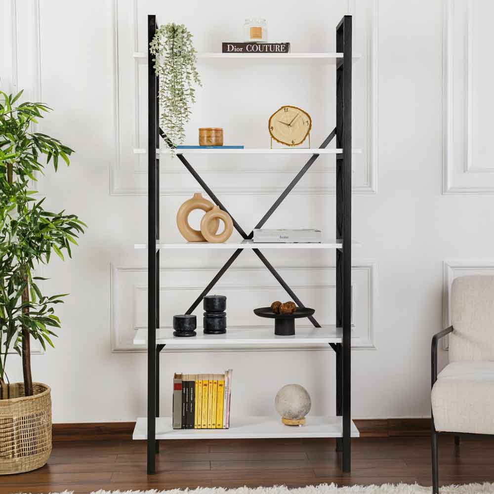 Elyon Wooden Shelving Unit with 5 Shelves in White and Black