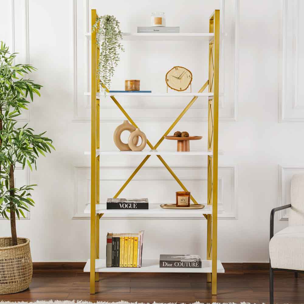 Elyon Wooden Shelving Unit with 5 Shelves in White and Gold