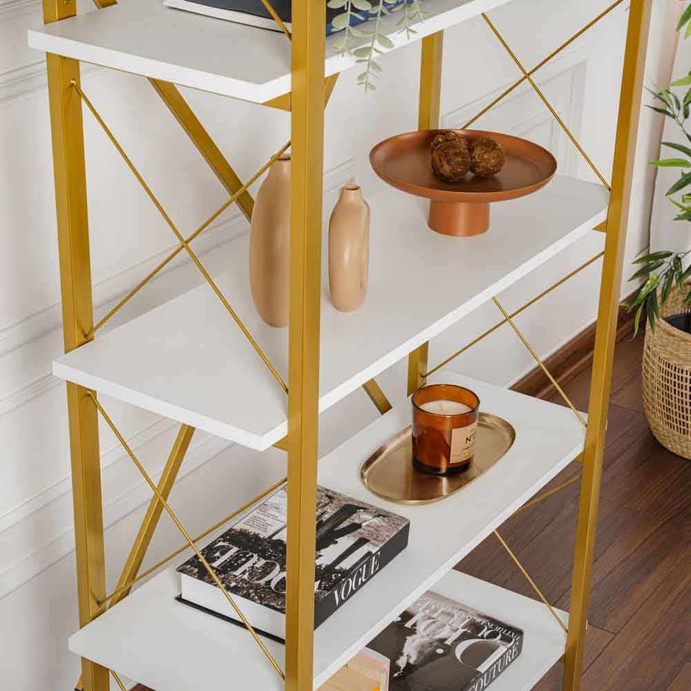 Elyon Wooden Shelving Unit with 5 Shelves in White and Gold