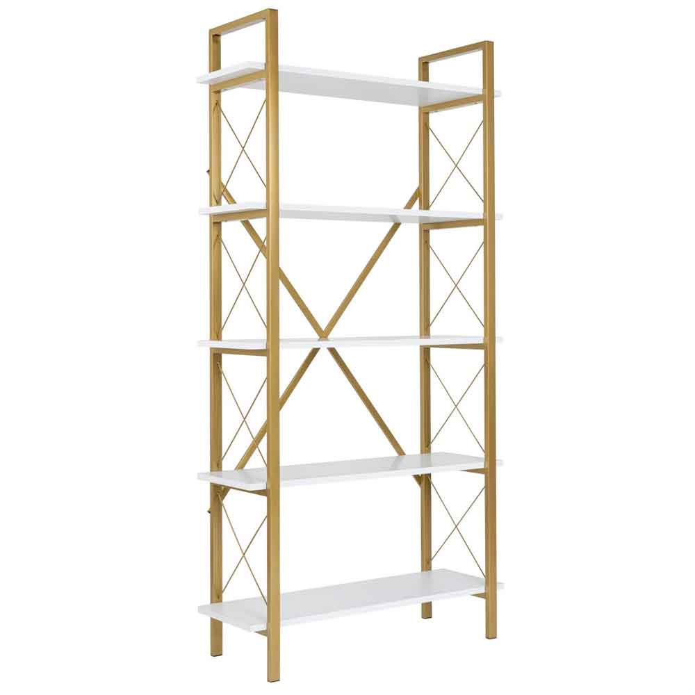 Elyon Wooden Shelving Unit with 5 Shelves in White and Gold