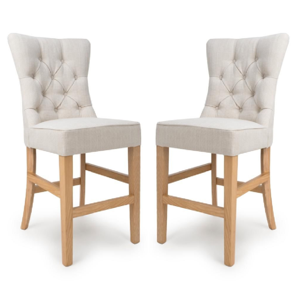 Read more about Elyria linen fabric bar chairs with oak legs in pair