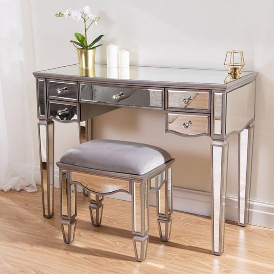 Elysee Glass Dressing Table In Mirrored With Stool