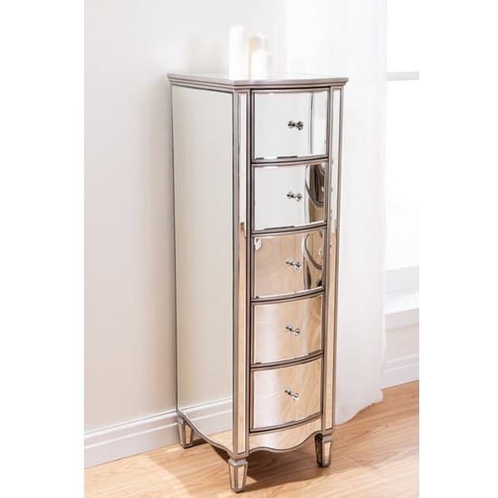 Elysee Mirrored Narrow Chest 5 Of Drawers In White