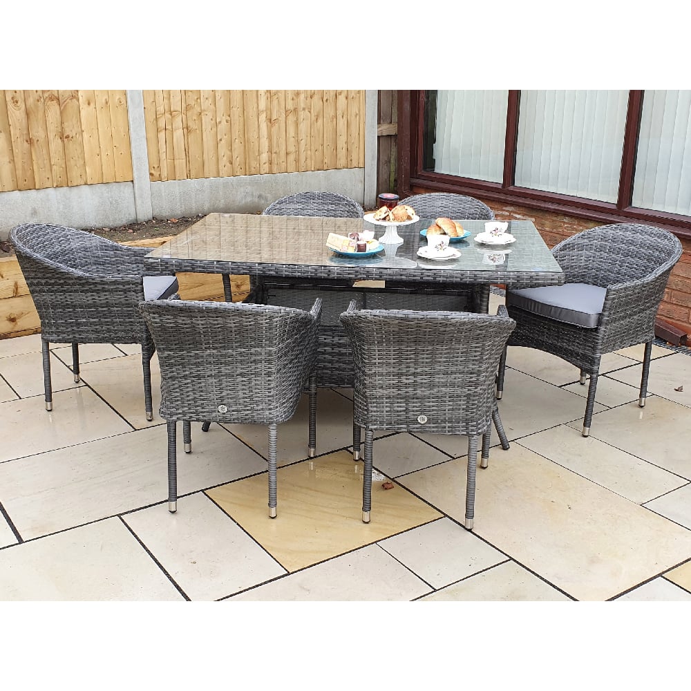 Elysia Glass Top Garden Dining Set With 6 Chairs In Grey