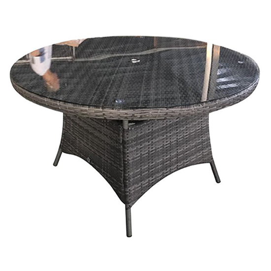 Photo of Elysia round clear glass top 135cm dining table in mixed grey