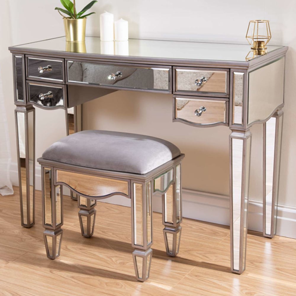 Elyssa Glass Dressing Table With 5 Drawers In Silver