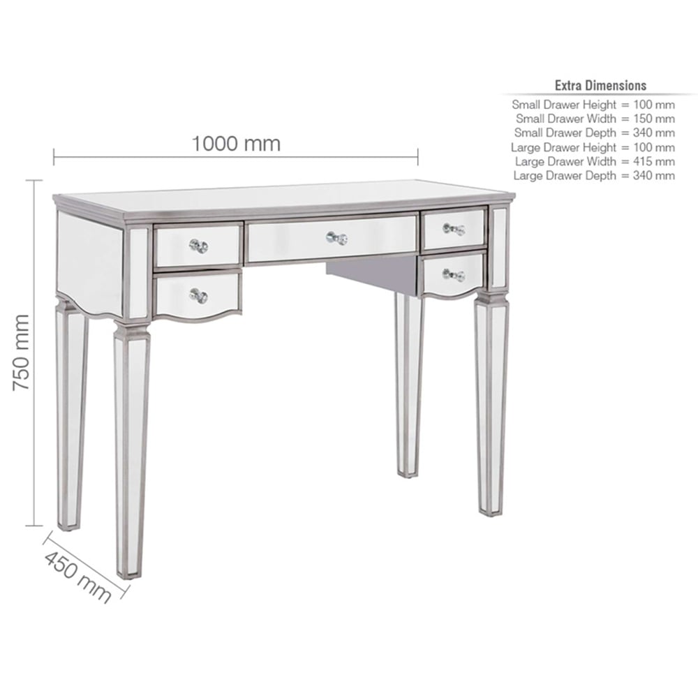Elyssa Glass Dressing Table With 5 Drawers In Silver