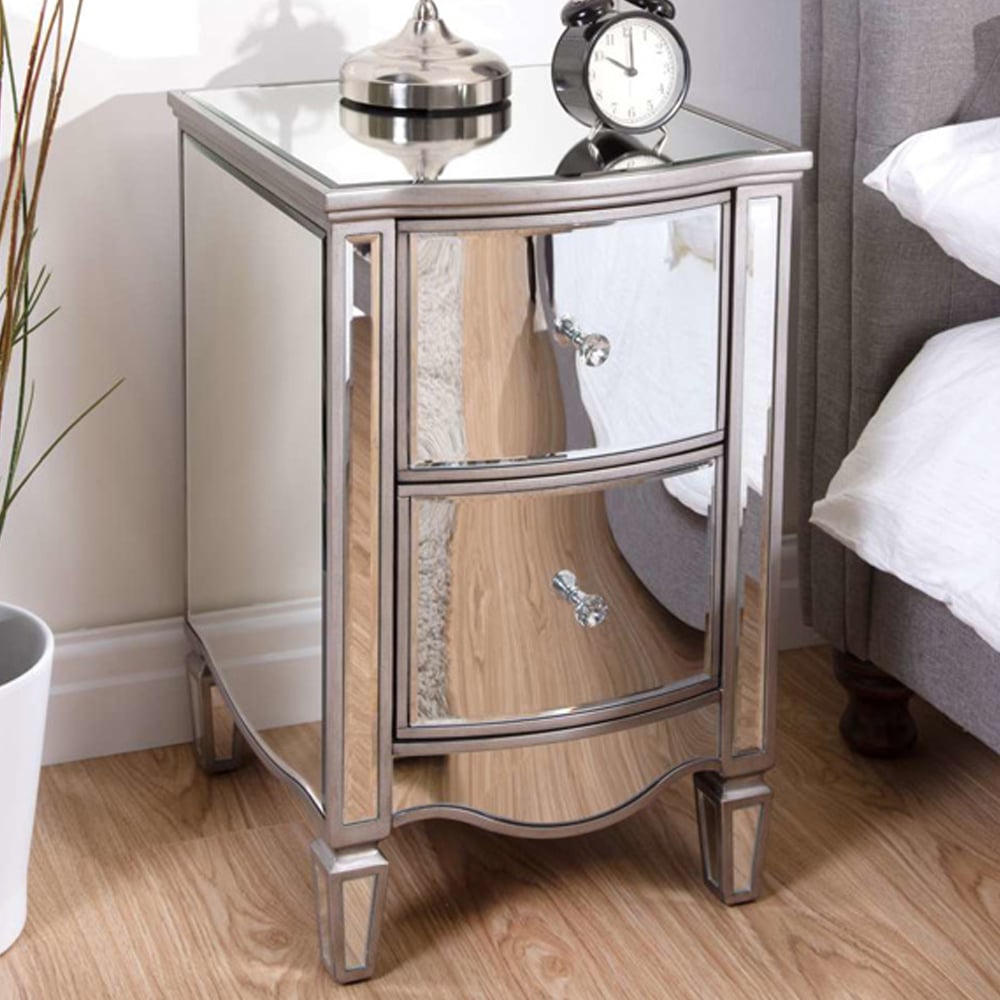 Elyssa Mirrored Bedside Cabinet With 2 Drawers In Silver