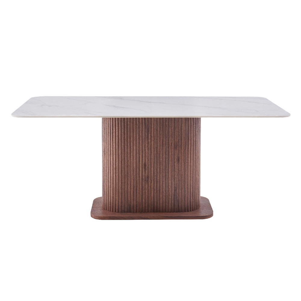 Elzora White Sintered Stone Top Dining Table with Walnut Base