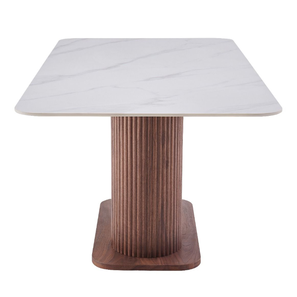 Elzora White Sintered Stone Top Dining Table with Walnut Base