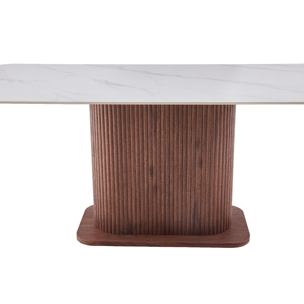 Elzora White Sintered Stone Top Dining Table with Walnut Base