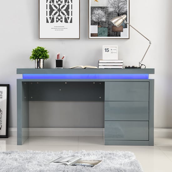Emerson High Gloss Computer Desk In Grey With LED Lighting Furniture