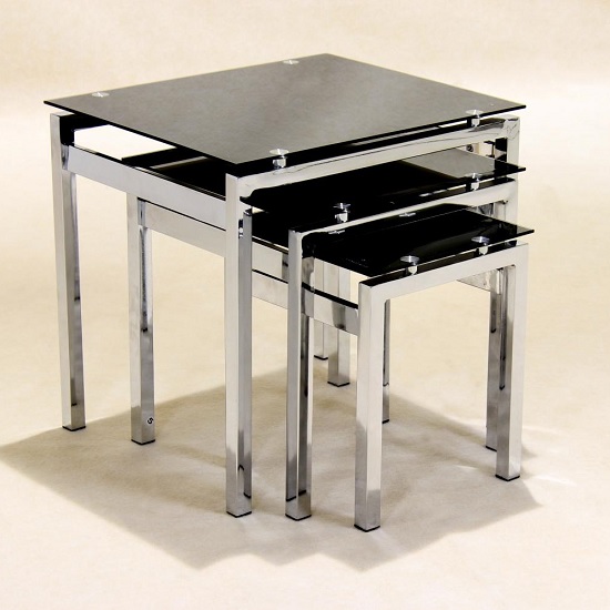 Eleora Glass Nest Of 3 Tables In Black With Chrome Legs