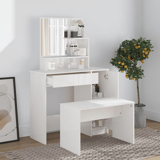 Emery High Gloss Dressing Table Set In White Furniture in Fashion