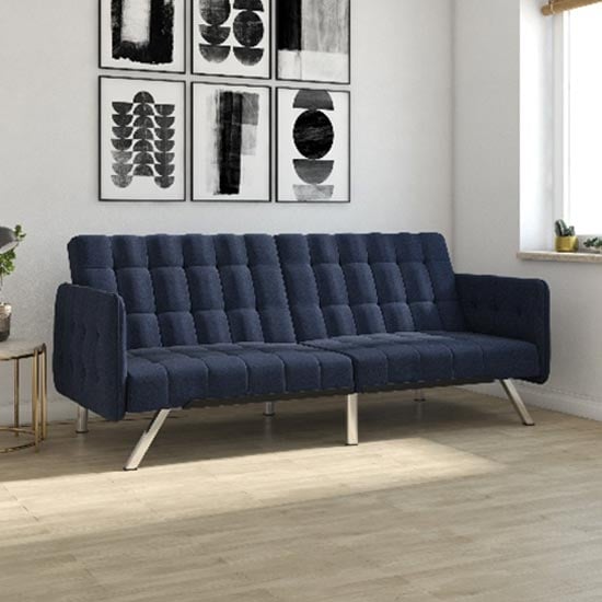 Ella Leather Convertible Clic Clac Sofa bed In Navy Linen Blue