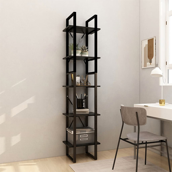 Photo of Emlen small solid pinewood 5 tier bookcase in black