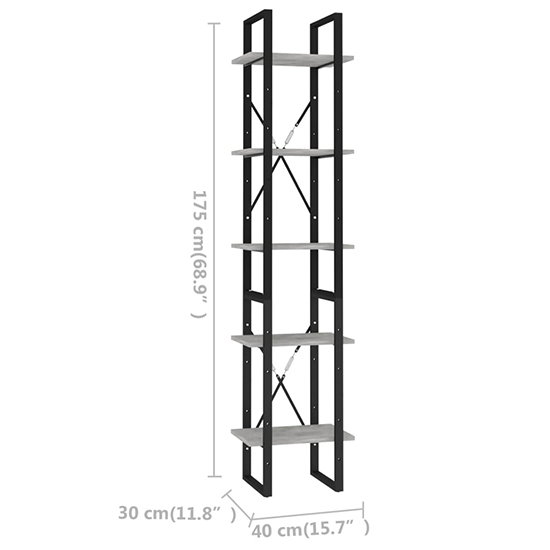 Emlen 40cm Wooden 5 Tier Bookcase In Concrete Effect