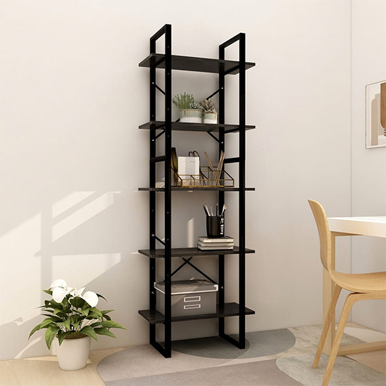 Photo of Emlen medium solid pinewood 5 tier bookcase in black