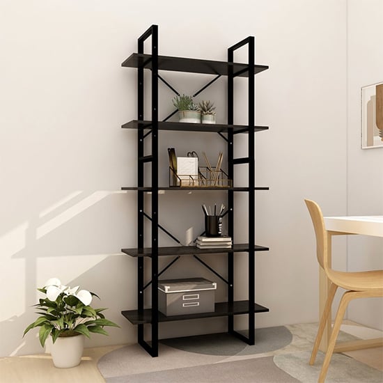 Emlen Large Solid Pinewood 5 Tier Bookcase In Black