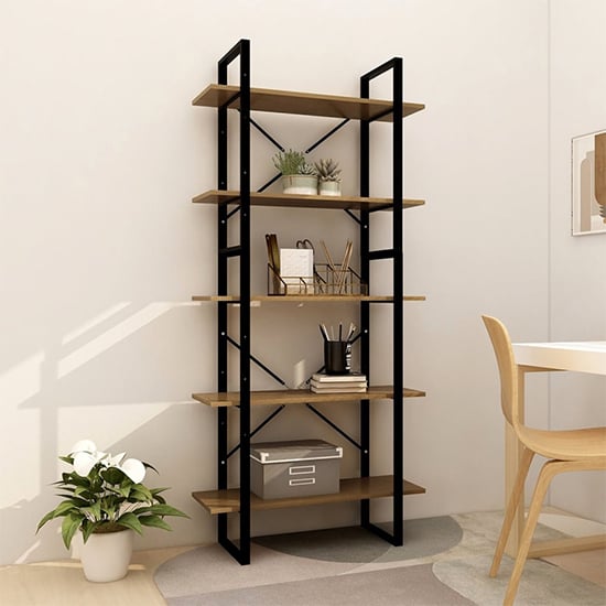 Emlen Large Solid Pinewood 5 Tier Bookcase In Brown
