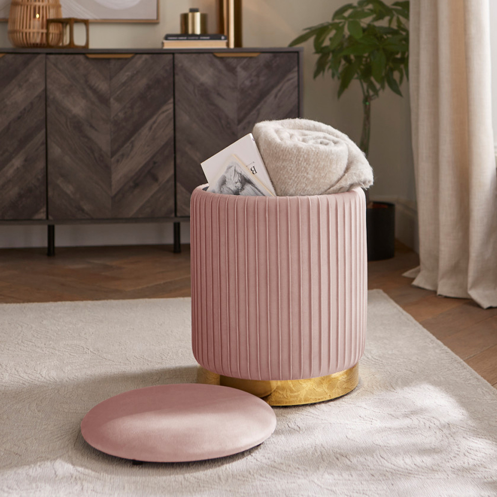 Emlira Velvet Storage Stool in Blush Pink