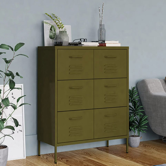 Emrik Steel Storage Cabinet With 6 Drawers In Olive Green