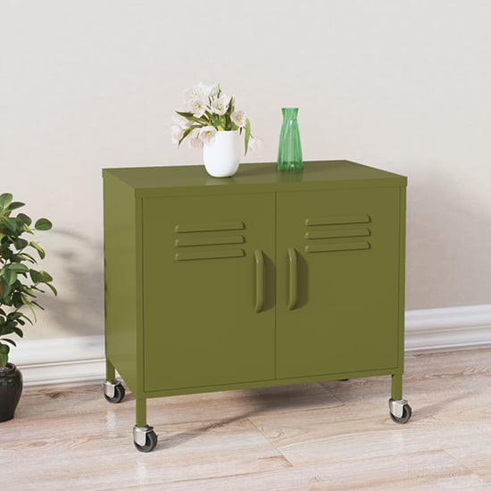 Emrik Steel Storage Cabinet With Castors In Olive Green