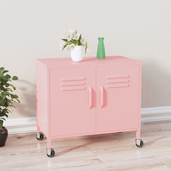 Emrik Steel Storage Cabinet With Castors In Pink