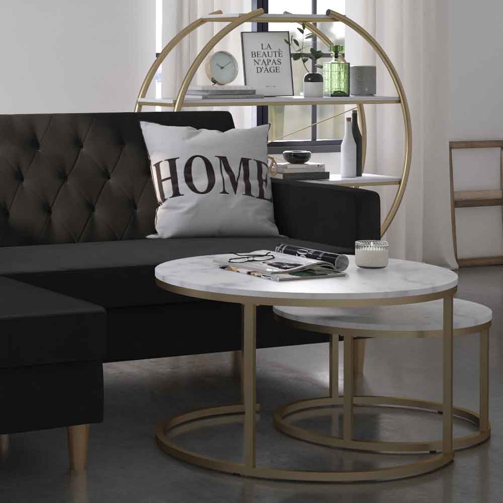 Emviro White Marble Effect Top Nesting Coffee Table with Gold Frame