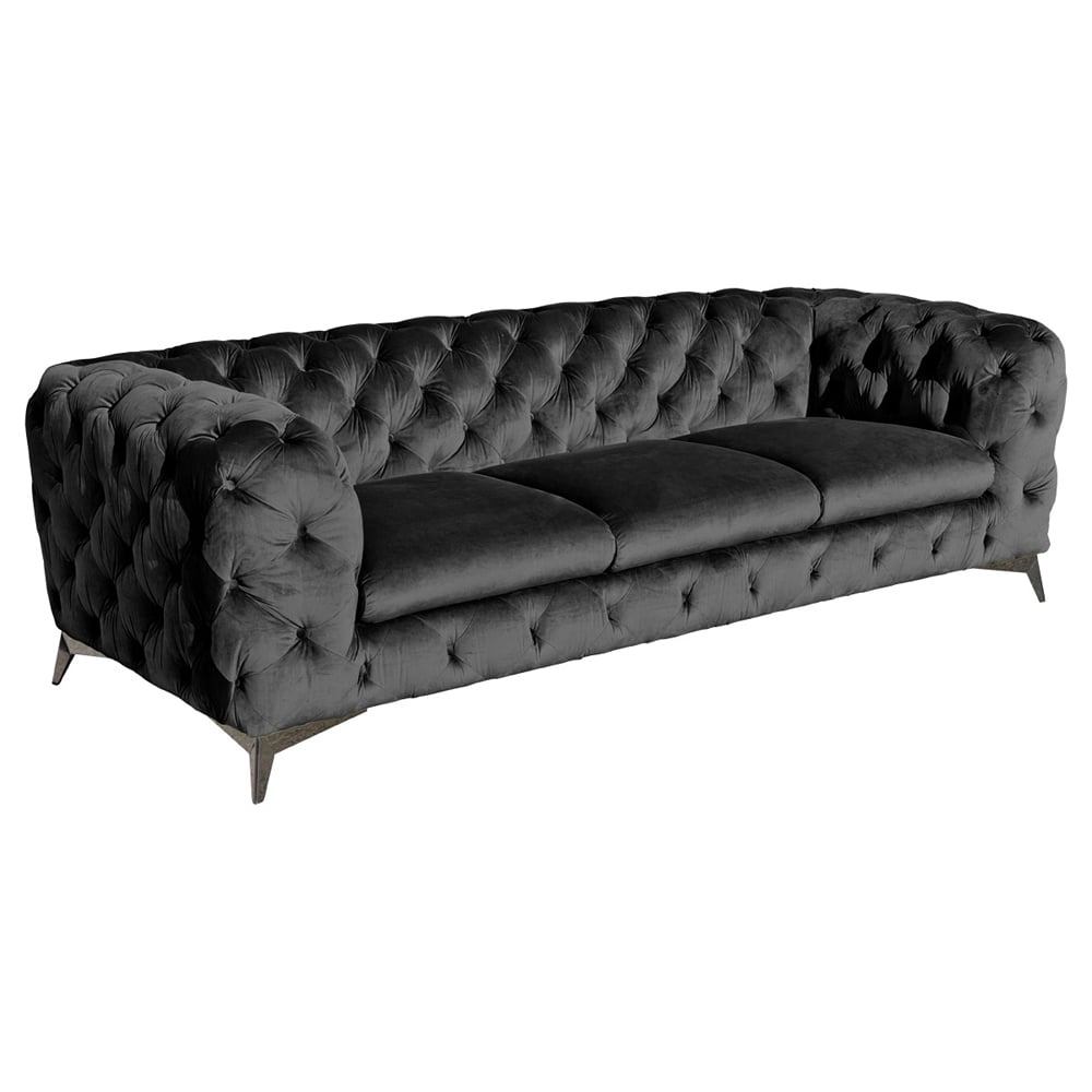 Endicott Velvet Deep Button 3 Seater Sofa In Black