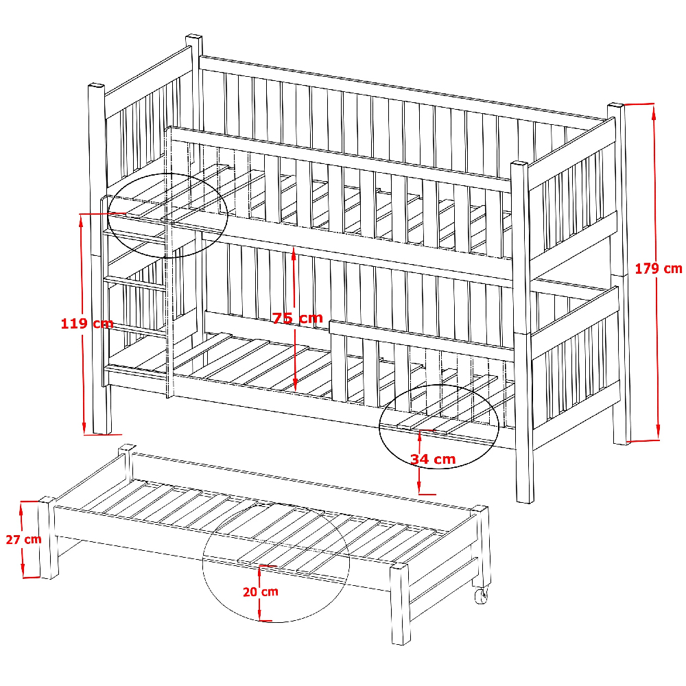 Enid Wooden Bunk Bed With Foam Mattress And Trundle In Matt White