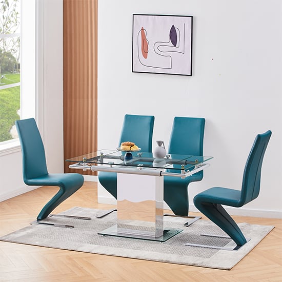 Product photograph of Enke Extending Glass Dining Table With 4 Demi Z Teal Chairs from Furniture in Fashion