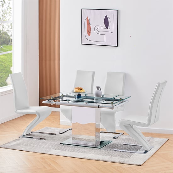 Photo of Enke extending glass dining table with 4 demi z white chairs