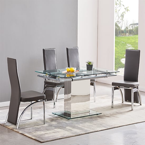 Enke Extending Glass Dining Table With 4 Romeo Grey Chairs