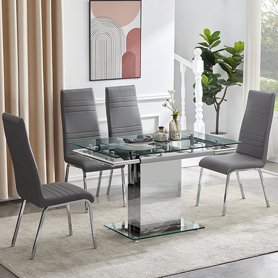 Read more about Enke extending clear glass dining table with 4 dora grey chairs
